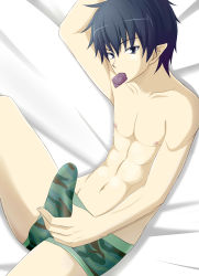 Rule 34 | 1boy, abs, absurdres, ao no exorcist, bulge, condom, condom in mouth, erection, erection under clothes, highres, looking at viewer, lying, male focus, mouth hold, muscular, okumura rin, penis, pointy ears, solo