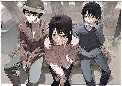 1girl 2boys bench black_hair brown_eyes brown_jacket can drinking fisheye glasses grey_jacket hand_in_pocket hand_on_own_face hat holding holding_can jacket looking_to_the_side medium_hair mi8pq multiple_boys nakahara_misaki nhk_ni_youkoso! on_bench outdoors park_bench satou_tatsuhiro short_hair sitting sweater trash_can tree white_sweater yamazaki_kaoru