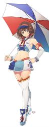 Rule 34 | 1girl, armband, blue skirt, brown eyes, commentary request, commission, crop top, detached sleeves, full body, hand on own hip, highres, looking at viewer, midriff, miniskirt, murata tefu, race queen, short hair, skirt, solo, standing, suzumiya haruhi, suzumiya haruhi no yuuutsu, thighhighs, umbrella, visor cap, white thighhighs