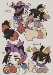 Rule 34 | 2boys, :&lt;, ahoge, anger vein, angry, animal, animal ears, animal paws, belt, berry (pokemon), black fur, black hair, black tank top, black trim, blue jacket, blue shirt, body fur, brown fur, cat boy, cat ears, cat tail, claws, collarbone, commentary request, creatures (company), crossed bangs, crying, crying with eyes closed, dual persona, facial mark, fang, fang out, fewer digits, fingernails, fire, flying sweatdrops, frown, furret, game freak, gen 2 pokemon, gen 7 pokemon, grabbing clothes, grey jacket, grey stripe, hair tie, hair tied, hair up, hairband, incineroar, jacket, kemonomimi mode, kieran (pokemon), light brown fur, looking at another, looking to the side, loose hair strand, lunchbox (artist), male focus, mole, mole on neck, multicolored clothes, multicolored hair, multicolored jacket, multicolored tank top, multiple boys, multiple views, necktie, nintendo, off-shoulder jacket, off shoulder, open clothes, open jacket, open mouth, parted lips, paw print, pawpads, pokemon, pokemon (creature), pokemon sv, ponytail, pulling another&#039;s clothes, pulling shirt, purple hair, red fur, red necktie, red tank top, scribble, sharp fingernails, shirt, short hair, shorts, simple background, sitrus berry, slit pupils, speech bubble, tail, tank top, teeth, trembling, two-tone hair, unzipped, upper body, whisker markings, white background, white jacket, yellow belt, yellow eyes, yellow hairband, yellow strap, zipper