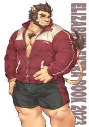 Rule 34 | 1boy, alternate costume, animal ears, bara, bare pectorals, beard, black shorts, brown hair, bulge, chest tuft, crave saga, ellie saionji, english text, facial hair, forked eyebrows, furry, furry male, highres, jacket, karaha (crave saga), lion boy, lion ears, lion tail, looking at viewer, male focus, partially unzipped, pectorals, red jacket, shorts, simple background, solo, tail, thick eyebrows, thick thighs, thighs, thumb in pocket, track jacket, tusks, yellow eyes