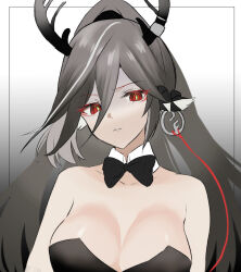 Rule 34 | 1girl, animal ears, antlers, arknights, bare shoulders, black bow, black bowtie, black leotard, bow, bowtie, breasts, cleavage, collar, detached collar, dr.lamina, gradient background, grey background, grey hair, hair between eyes, highres, horns, large breasts, leotard, long hair, looking at viewer, parted lips, playboy bunny, ponytail, qiubai (arknights), red eyes, solo, strapless, strapless leotard, turn pale, upper body, white background, white collar, wing collar