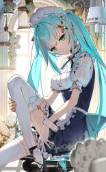 Rule 34 | 1girl, apron, aqua hair, ballet slippers, birdcage, blue dress, blurry, cage, commentary request, depth of field, dress, faruzan (cafe) (genshin impact), faruzan (genshin impact), frilled apron, frills, from side, genshin impact, green eyes, hair between eyes, hair ornament, head tilt, indoors, knee up, lamp, long hair, looking at viewer, maid apron, maid headdress, puffy short sleeves, puffy sleeves, revision, scottie (phantom2), shirt, short sleeves, sitting, sitting on object, solo, thighhighs, twintails, waist apron, white headdress, white headwear, white shirt, white thighhighs, white wrist cuffs, wrist cuffs, x hair ornament