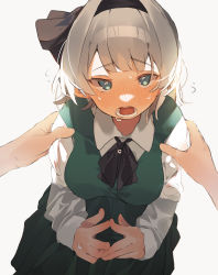 Rule 34 | 1girl, absurdres, black bow, black bowtie, black hairband, blush, bow, bowtie, breasts, collar, collared shirt, commentary, dress, green dress, green eyes, grey background, grey hair, hairband, hands on another&#039;s shoulders, higa (gominami), highres, konpaku youmu, long sleeves, looking at viewer, medium breasts, open mouth, shirt, short hair, simple background, solo, steepled fingers, symbol-only commentary, teeth, touhou, white shirt