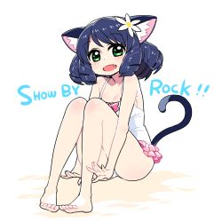 Rule 34 | 1girl, :d, animal ears, bare arms, bare legs, bare shoulders, barefoot, blue hair, blush, breasts, cat ears, cat tail, chan co, cleavage, commentary request, copyright name, cyan (show by rock!!), dress, drill hair, fang, flower, full body, green eyes, hair flower, hair ornament, medium breasts, open mouth, show by rock!!, simple background, sitting, smile, solo, sparkling eyes, tail, white background, white dress