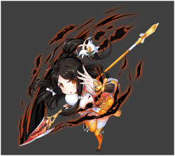 Rule 34 | 1girl, ahoge, ara haan, arm warmers, black hair, boots, breasts, chinese clothes, detached sleeves, elsword, eyeshadow, grey background, hair ornament, hairpin, half updo, large breasts, little xia (elsword), makeup, non-web source, official art, orange footwear, polearm, sando (dukedevil), skirt, spear, thigh boots, thighhighs, weapon, yellow eyes