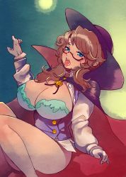 Rule 34 | 1girl, ahegao, black-framed eyewear, blue eyes, breasts, brown hair, buttons, cape, cleavage, collared shirt, dress shirt, gloves, hat, highres, large breasts, long hair, low twintails, open mouth, popped collar, purple cape, purple hat, semi-rimless eyewear, shirt, solo, teeth, tongue, tongue out, touhou, tsuutenkaaku, twintails, unbuttoned, unbuttoned shirt, under-rim eyewear, usami sumireko, white gloves, white shirt