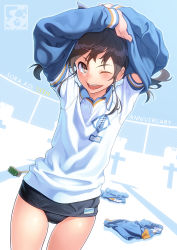 Rule 34 | 1girl, ;d, anniversary, aoi sora (pairan), arms up, artist name, blue background, blue jacket, blue one-piece swimsuit, blush, broom, brown eyes, brown hair, chain-link fence, character name, unworn clothes, clothes writing, collared shirt, commentary request, emblem, fence, hair ornament, hairclip, head tilt, jacket, long sleeves, old school swimsuit, one-piece swimsuit, one eye closed, open mouth, original, pairan, pants, unworn pants, pool, round teeth, school swimsuit, shirt, short sleeves, shorts, unworn shorts, smile, solo, swimsuit, swimsuit under clothes, teeth, thighs, track jacket, track pants, track suit, undressing, white shirt, wing collar
