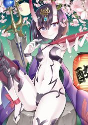 Rule 34 | 1girl, alcohol, ankle ribbon, armpits, bare shoulders, barefoot, barefoot sandals (jewelry), blue gemstone, blurry, blush, branch, breasts, cherry blossoms, collarbone, colored skin, commentary request, cup, depth of field, eyeshadow, fang, fate/grand order, fate (series), fingernails, forehead jewel, full moon, gem, green sky, grin, hair between eyes, hand up, highres, hinata kokage, holding, horns, japanese clothes, kimono, knee pads, knee up, lantern, leg ribbon, long sleeves, looking at viewer, makeup, moon, navel, off shoulder, oni, outstretched arm, petals, planted, planted sword, planted weapon, purple eyes, purple hair, purple kimono, reaching, reaching towards viewer, red ribbon, revealing clothes, ribbon, rock, sakazuki, sake, sharp fingernails, short hair, shuten douji (fate), sitting, skin-covered horns, small breasts, smile, solo, spikes, stomach, sword, thick eyebrows, toenails, weapon, white skin