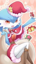 Rule 34 | 1girl, alternate color, argyle, argyle background, argyle clothes, blue hair, blue skin, blush, boots, bow, brown footwear, capelet, christmas, clothed pokemon, colored skin, creatures (company), female focus, fur trim, game freak, gardevoir, gen 3 pokemon, gift, hand up, happy, hat, highres, holding, knee boots, knees together feet apart, light blush, looking at viewer, muguet, multicolored skin, nintendo, open mouth, orange background, orange eyes, outline, outstretched arm, pokemon, pokemon (creature), red bow, red capelet, red ribbon, ribbon, sack, santa costume, santa hat, shiny pokemon, short hair, simple background, sitting, smile, solo, star (symbol), two-tone skin, white outline, white skin
