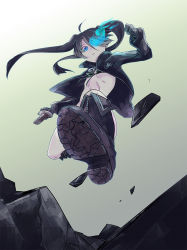 Rule 34 | 10s, 1girl, bikini, bikini top only, black hair, black rock shooter, black rock shooter (character), blue eyes, boots, coat, flat chest, from below, glowing, glowing eyes, highres, jacket, jumping, knee boots, long hair, mattie, pale skin, shoe soles, shorts, solo, star (symbol), swimsuit, sword, twintails, weapon