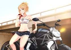 Rule 34 | 1girl, bare shoulders, blonde hair, braid, bridge, bustier, cutoffs, ducati, fate/apocrypha, fate (series), gan-viking, green eyes, groin, highres, jacket, jacket over shoulder, unworn jacket, looking at viewer, midriff, mordred (fate), mordred (fate/apocrypha), mordred (memories at trifas) (fate), mouth hold, navel, outdoors, ponytail, short hair, short shorts, shorts, sitting, solo