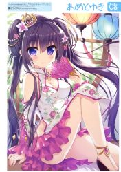 Rule 34 | 1girl, absurdres, ameto yuki, anklet, artist name, bare shoulders, blush, breasts, china dress, chinese clothes, cleavage, dress, hand fan, flower, hair flower, hair ornament, highres, jewelry, lantern, legs, long hair, looking at viewer, nail polish, original, purple eyes, purple hair, smile, solo, two side up, window