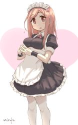 Rule 34 | 1girl, :d, aikawa chiho, alternate costume, apron, black dress, blush, breasts, brown eyes, brown hair, commentary request, dress, enmaided, feet out of frame, flying sweatdrops, frilled apron, frills, heart, highres, long hair, looking at viewer, maid, maid headdress, medium breasts, open mouth, pantyhose, puffy short sleeves, puffy sleeves, short sleeves, smile, solo, standing, steepled fingers, swept bangs, umiroku, white apron, white background, white pantyhose, wrist cuffs, yuyushiki
