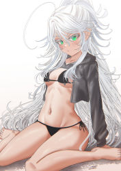 1girl ahoge bikini black_bikini blush breasts elf green_eyes highres jacket kein_hasegawa long_hair looking_at_viewer medium_breasts midriff navel original pointy_ears solo stomach swimsuit thighs underboob very_long_hair white_hair