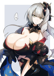 Rule 34 | 1girl, bare shoulders, black dress, black gloves, breasts, cleavage, collar, dark persona, dress, fate/grand order, fate (series), gin moku, gloves, hair ornament, highres, huge breasts, long hair, looking at viewer, marie antoinette (alter) (fate), marie antoinette (fate), pale skin, side ponytail, silver hair, skindentation, slit pupils, solo, spiked collar, spikes, yellow eyes