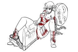 Rule 34 | 1girl, a.b.a, bandaged arm, bandaged leg, bandages, bdsm, blood, bondage, bound, chain, collar, commission, commissioner upload, frottage, guilty gear, key, legs, one breast out, paracelsus (guilty gear), skirt, skirt around one leg, spread