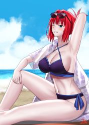 Rule 34 | 1girl, absurdres, alternate hairstyle, aozaki aoko, arm up, armpits, beach, bikini, blue bikini, blue eyes, blue sky, blush, breasts, cloud, commentary, english commentary, eyewear on head, hair intakes, hawaiian shirt, highres, large breasts, looking at viewer, melty blood, melty blood: type lumina, navel, official alternate costume, official alternate hairstyle, one eye closed, outdoors, red hair, sand, shirt, short sleeves, signature, sitting, sky, smile, solo, sunglasses, swimsuit, teeth, tsukihime, tsukihime (remake), water, zinfian