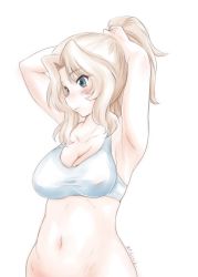 Rule 34 | 1girl, adjusting hair, alternate hairstyle, arms behind head, arms up, blonde hair, blue eyes, blush, breasts, cleavage, commentary, girls und panzer, hair intakes, hair up, kay (girls und panzer), light blush, looking to the side, medium breasts, medium hair, navel, one-hour drawing challenge, ponytail, simple background, skindentation, solo, sports bra, standing, twitter username, underwear, underwear only, upper body, white background, white sports bra, yts takana