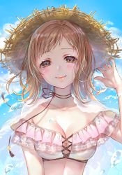 Rule 34 | 1girl, ao+beni, arm up, bikini, bikini top only, blue sky, blush, breasts, brown eyes, brown hair, brown hat, brown ribbon, cleavage, closed mouth, cloud, collarbone, commentary request, cross-laced clothes, day, frilled bikini, frilled bikini top, frills, hand on headwear, hat, head tilt, idolmaster, idolmaster shiny colors, lace, lace-trimmed bikini, lace trim, looking at viewer, medium breasts, medium hair, neck ribbon, outdoors, parted bangs, ribbon, sakuragi mano, see-through, sky, smile, solo, straw hat, swimsuit, tareme, tassel, twitter username, upper body, water drop, white bikini