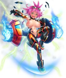 Rule 34 | 1girl, armor, asahi, bodysuit, breasts, curvy, female focus, full armor, full body, highres, huge breasts, lilith-soft, nipples, nude, open mouth, pink hair, puffy nipples, rene (taimanin asagi), scared, shiny skin, short hair, simple background, taimanin (series), taimanin asagi, taimanin asagi kessen arena, tears, white background, yellow eyes
