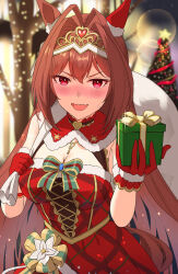 Rule 34 | 1girl, :d, absurdres, animal ears, bag, blush, box, breasts, brown hair, christmas, christmas tree, daiwa scarlet (scarlet nuit etoile) (umamusume), daiwa scarlet (umamusume), den (den1115 ), dress, fang, fur trim, gift, gift box, gloves, hair between eyes, hair intakes, highres, holding, holding bag, holding box, horse ears, horse girl, jewelry, large breasts, long hair, looking at viewer, necklace, official alternate costume, open mouth, red dress, red eyes, red gloves, smile, solo, tiara, umamusume, very long hair, wavy mouth