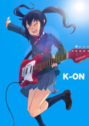 Rule 34 | 1girl, bad id, bad pixiv id, black hair, closed eyes, electric guitar, guitar, happy, instrument, k-on!, lens flare, long hair, maeda risou, nakano azusa, open mouth, plectrum, round teeth, school uniform, simple background, smile, solo, sun, teeth, twintails
