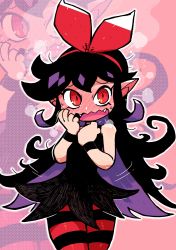 Rule 34 | 1girl, absurdres, bare shoulders, black hair, black skirt, blush, bracelet, embarrassed, fangs, hand on own chest, hand on own face, highres, jewelry, long hair, looking at viewer, open mouth, original, pantyhose, pointy ears, rariatto (ganguri), red eyes, red ribbon, ribbon, skirt, striped clothes, striped pantyhose, vampire, zakuro (rariatto)