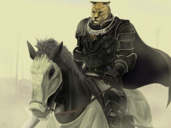 Rule 34 | 1boy, animal head, armor, barding, belt, belt buckle, black armor, black cape, blurry, blurry background, buckle, cape, clenched hand, furry, furry male, gauntlets, guin, guin saga, holding, holding weapon, horseback riding, leopard, light particles, male focus, mane, outdoors, prick ears, reins, riding, saddle, simple background, sitting, sitting on horse, sword, taru neko, weapon, whiskers, white background, yellow eyes