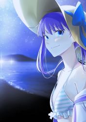 Rule 34 | 1girl, absurdres, alternate costume, bare shoulders, beach, bikini, blue bow, blue eyes, blue hair, blurry, blurry background, bow, brown hat, closed mouth, coffeekite, collarbone, fate/grand order, fate (series), flat chest, from side, green hat, hat, highres, looking at viewer, looking to the side, medium hair, meltryllis (fate), smile, solo, sparkle, striped bikini, striped clothes, swimsuit, upper body