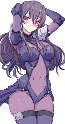 Rule 34 | 1girl, armor, arms behind head, blush, bodysuit, breasts, cowboy shot, fate/grand order, fate (series), hair between eyes, kook, large breasts, long hair, looking at viewer, parted lips, pauldrons, purple bodysuit, purple hair, red eyes, scathach (fate), shoulder armor, simple background, solo, standing, white background