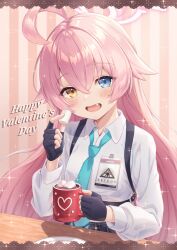 Rule 34 | 1girl, absurdres, ahoge, black gloves, black skirt, blue archive, blue eyes, blue necktie, blush, collared shirt, cup, ekura28, fang, fingerless gloves, food, gloves, hair between eyes, halo, happy valentine, highres, holding, holding cup, holding food, hoshino (blue archive), long hair, looking at viewer, macaron, necktie, open mouth, pink hair, pink halo, shirt, skirt, smile, solo, valentine, white shirt, yellow eyes