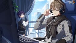 Rule 34 | 2boys, black shorts, blue eyes, blue hair, blue sky, brown hair, building, chair, chinese commentary, closed mouth, computer, day, glasses, grey sleeves, hair between eyes, headset, highres, honkai (series), honkai impact 3rd, indoors, computer keyboard, logo, long sleeves, monitor, multicolored hair, multiple boys, official art, official wallpaper, open mouth, plant, scarf, shorts, sitting, sky, streaked hair, welt joyce, welt yang