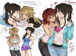 Rule 34 | 4girls, ari (class of 09), black hair, blonde hair, breasts, cigarette, class of 09, cleavage, couple, denim, denim shorts, drugs, emily (class of 09), english text, food in mouth, heart, heart-shaped pupils, highres, holding, holding cigarette, hug, jacket, jeans, jecka (class of 09), long hair, medium breasts, multiple girls, nicole (class of 09), one eye closed, pants, pill, ponytail, profanity, red hair, short hair, shorts, smoking, speech bubble, symbol-shaped pupils, tank top, torn clothes, torn pants, weiqi, yuri