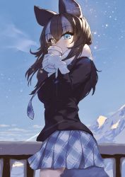 Rule 34 | 1girl, animal ears, black jacket, blue eyes, coffee cup, cowboy shot, cup, disposable cup, from below, gloves, grey hair, grey necktie, grey skirt, grey wolf (kemono friends), heterochromia, highres, jacket, kemono friends, kyuten m27r, long hair, long sleeves, looking at viewer, mountain, multicolored hair, necktie, plaid, plaid necktie, plaid skirt, pleated skirt, skirt, sleeve cuffs, snow, solo, tail, white gloves, white hair, wolf ears, wolf girl, wolf tail, yellow eyes