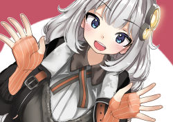 Rule 34 | 1girl, black jacket, blue eyes, blush, braid, fingerless gloves, gloves, grey hair, hair ornament, hands up, highres, jacket, kizuna akari, long hair, looking at viewer, microa, open clothes, open jacket, orange gloves, pink background, round teeth, solo, striped clothes, striped gloves, teeth, twin braids, two-tone background, upper teeth only, vertical-striped clothes, vertical-striped gloves, vocaloid, voiceroid, white background