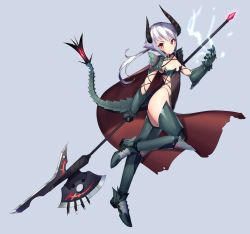 Rule 34 | 1girl, armor, armored boots, ass, axe, blush, boots, breasts, cape, cleavage, cloak, commentary, dragon girl, from side, gauntlets, grey background, grey hair, hair between eyes, highres, holding, holding axe, holding weapon, horns, jungki dr, magic, original, red cape, red eyes, revealing clothes, simple background, small breasts, smile, solo, tail, weapon