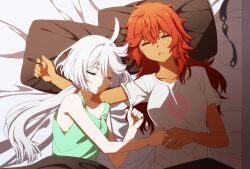 Rule 34 | 2girls, ahoge, arm around neck, bare shoulders, bed, bed sheet, collarbone, from above, green shirt, gundam, gundam suisei no majo, hair between eyes, hand on another&#039;s stomach, highres, holding hands, long hair, low-tied long hair, lying, miorine rembran, multiple girls, oiun, on back, on bed, open mouth, pillow, raised eyebrows, red hair, shirt, sidelocks, sleeping, sleeveless, sleeveless shirt, suletta mercury, t-shirt, underwear, white hair, white shirt, yuri