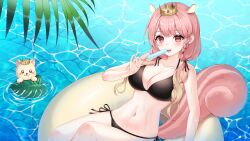 Rule 34 | 1girl, :d, absurdres, animal ears, bare arms, bare shoulders, bikini, black bikini, braid, breasts, caustics, check copyright, cleavage, collarbone, copyright request, crown, food, gradient hair, hair ribbon, halterneck, highres, holding, innertube, kuca (ku ca18), large breasts, licking, long hair, looking at viewer, multicolored hair, navel, open mouth, original, pink hair, popsicle, red eyes, ribbon, side-tie bikini bottom, smile, solo, squirrel ears, squirrel girl, squirrel tail, stomach, string bikini, swim ring, swimsuit, tail, tongue, tongue out, water, wet