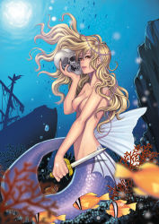 Rule 34 | 1girl, beads, black nails, blonde hair, breasts, briska, bubble, clownfish, coral, fins, fish, floating hair, jewelry, knife, light smile, long hair, looking at viewer, mermaid, monster girl, nail polish, nude, original, parted lips, red eyes, reverse grip, scales, skull, solo, sunlight, underwater, wavy hair, weapon