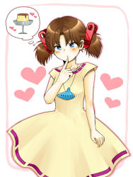 Rule 34 | 1girl, blue eyes, blush, brown hair, cappuccino1, dress, food, hair ornament, instrument, jewelry, josette, looking at viewer, ocarina, pudding, pursed lips, short hair, short twintails, simple background, solo, twintails, wonder project j2
