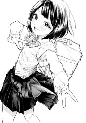 Rule 34 | 1girl, bag, blush, bow, bowtie, collared shirt, double v, greyscale, highres, looking at viewer, monochrome, morimoto atsushi, open mouth, original, pleated skirt, school bag, school uniform, shirt, short hair, short sleeves, simple background, skirt, smile, solo, v