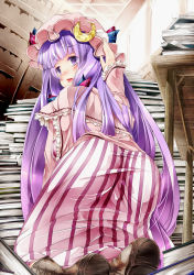Rule 34 | 1girl, ass, blush, book, bookshelf, boots, capelet, crescent, cross-laced footwear, female focus, from behind, hat, indoors, kneeling, lace-up boots, library, long hair, looking back, open mouth, patchouli knowledge, purple eyes, purple hair, solo, sugiyuu, touhou, very long hair, voile, wavy mouth