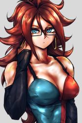 Rule 34 | 1girl, adapted costume, android 21, bare shoulders, black-framed eyewear, blue eyes, breasts, brown hair, checkered clothes, checkered dress, cleavage, closed mouth, collarbone, commentary request, curly hair, detached sleeves, dragon ball, dragon ball fighterz, dress, earrings, expressionless, glasses, hoop earrings, jewelry, kemachiku, long hair, looking at viewer, medium breasts, simple background, sleeveless, sleeveless dress, smile, solo, two-tone dress, upper body, very long hair