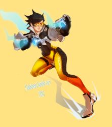 Rule 34 | 1girl, bodysuit, brown hair, colo (nagrolaz), dual wielding, gloves, goggles, gun, handgun, highres, holding, jacket, overwatch, overwatch 1, short hair, smile, solo, spiked hair, tracer (overwatch), weapon