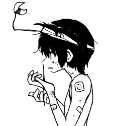 Rule 34 | 1other, androgynous, bandaged head, bandages, bandaid, bandaid on arm, bleeding, blood, bruise, crescent, from side, greyscale, hands up, headgear, injury, looking ahead, messy hair, monochrome, nosebleed, open mouth, original, profile, scar, scar on arm, self-harm scar, short hair, simple background, solo, sweat, tank top, umi ha kirai, upper body