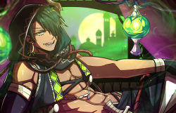 Rule 34 | 1boy, :d, arabian clothes, aragami oga, asymmetrical gloves, black hair, black jacket, black sash, blurry, building, cowboy shot, cropped jacket, dagger, dark-skinned male, dark skin, depth of field, earrings, eyepatch, gloves, green eyes, hair over one eye, highres, holostars, hood, hood up, horns, jacket, jewelry, knife, lantern, looking at viewer, male focus, official alternate costume, open clothes, open jacket, open mouth, pectoral cleavage, pectorals, reclining, rope, sash, sharp teeth, short hair, silou b, single earring, single horn, sleeveless, sleeveless jacket, smile, smoke, solo, teeth, toned, toned male, virtual youtuber, weapon