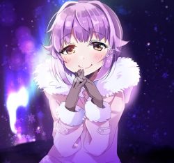 Rule 34 | 10s, 1girl, black gloves, blush, boots, chocho (homelessfox), coat, fingers together, fur trim, gloves, hair ornament, hairclip, idolmaster, idolmaster cinderella girls, koshimizu sachiko, looking at viewer, purple hair, snow, snowing, solo, winter, winter clothes, winter coat