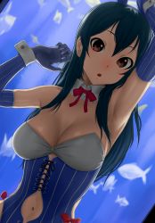 Rule 34 | 1girl, absurdres, armpits, black hair, breasts, brown eyes, cleavage, commentary request, corset, elbow gloves, fish, gishu, gloves, highres, idolmaster, idolmaster cinderella girls, large breasts, long hair, looking at viewer, ohishi izumi, open mouth, solo