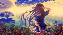 Rule 34 | 1girl, artist request, back, character request, cloud, cloudy sky, copyright request, facing away, flower, grass, horizon, long hair, non-web source, school uniform, sky, solo, source request, tree